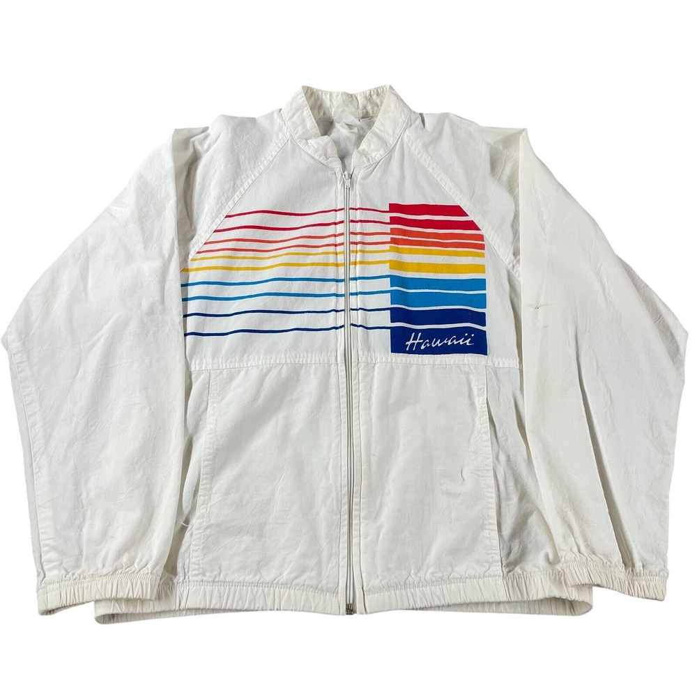 Vintage 80s Aloha Hawaiian Striped White Medium Windbreaker Lightweight Jacket *